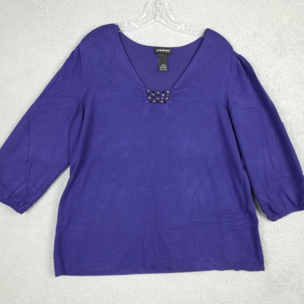 Lane Bryant Womens Sweater Purple Indigo V‎ Neck 3/4 Sleeve Rhinestone Plus 18
